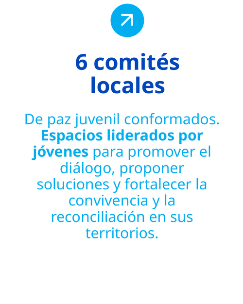 6 comités locales. De paz juvenil conformados. Espacios liderados por jóvenes para promover el diálogo, proponer soluciones y fortalecer la convivencia y la reconciliación en sus territorios.
