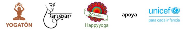 Banda de logos aliados: Yogatón yoga que siente el mundo, Angar, Happyoga 20 años y UNICEF para cada infancia.